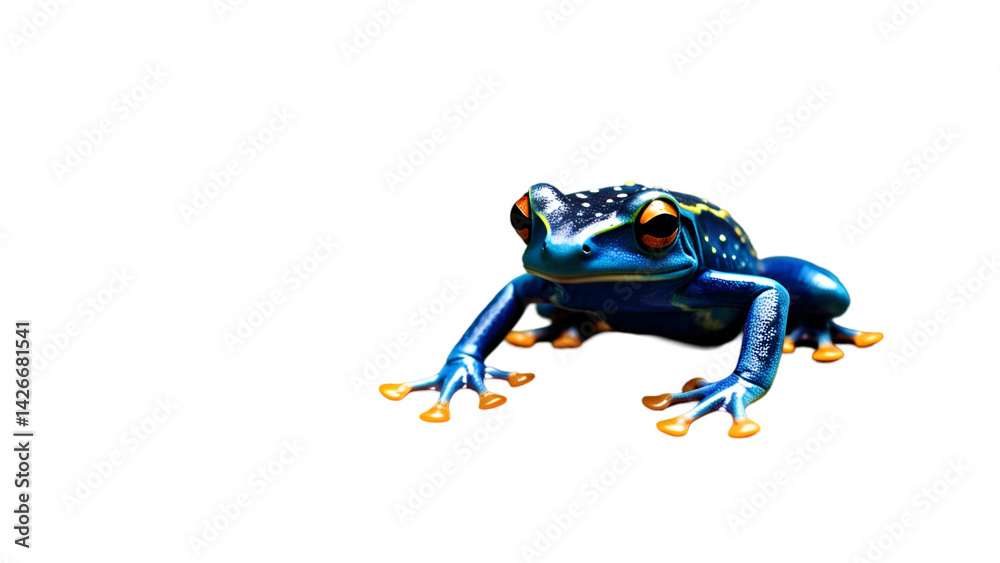 Fototapeta premium Blue Poison Dart Frog on Green Leaf – Vibrant Colors and Smooth Skin Isolated on White