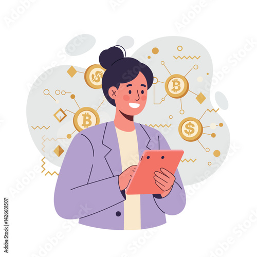 Woman using tablet surrounded by cryptocurrency bitcoin and dollar symbols in digital network vector illustration 
