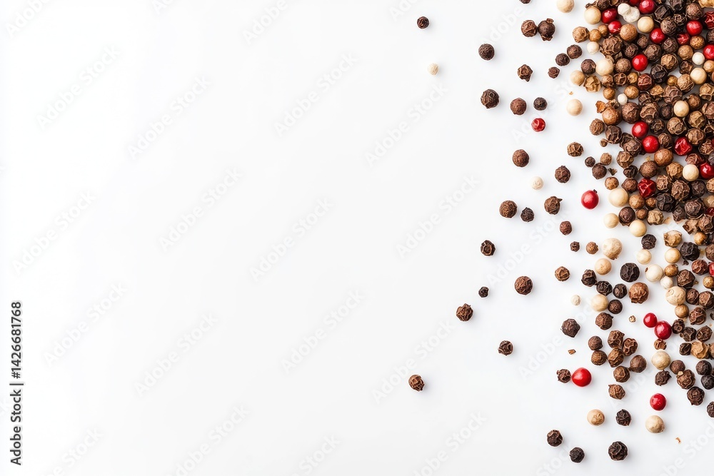 Fototapeta premium Colorful Peppercorns Scattered on White: A Culinary Still Life