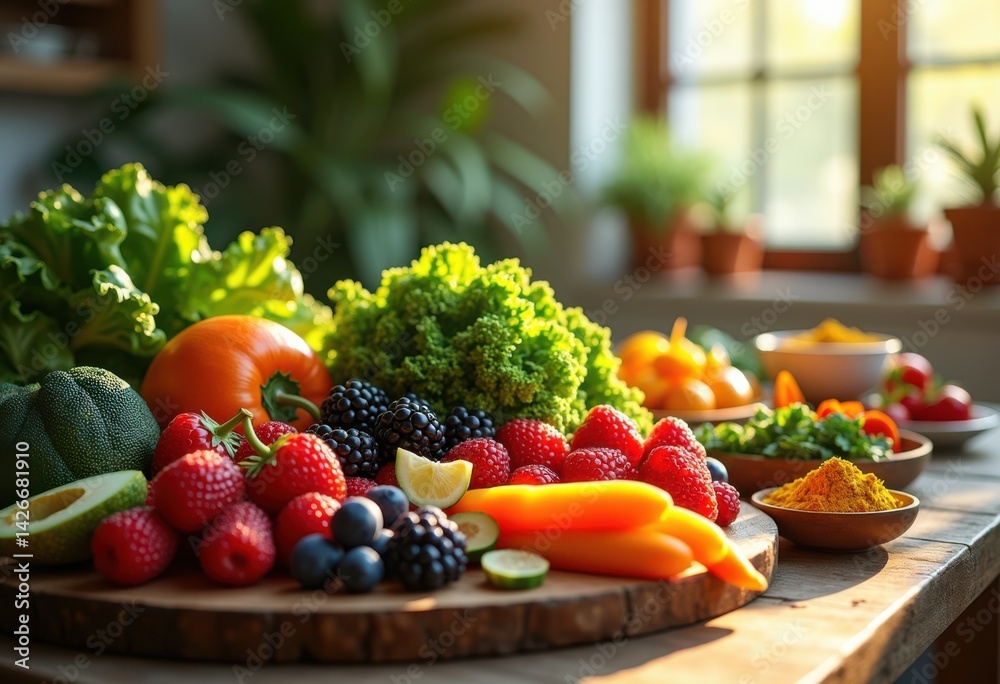 colorful array superfoods displayed rustic wooden table fresh organic fruits vegetables nutritional goodness vibrant healthy eating, variety, smoothie, seed