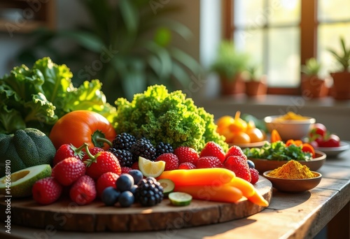Obraz na płótnie colorful array superfoods displayed rustic wooden table fresh organic fruits vegetables nutritional goodness vibrant healthy eating, variety, smoothie, seed w salonie