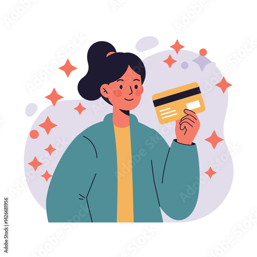 Young Woman Holding Credit Card Illustration for Online Shopping and Digital Payment Concepts in Modern Lifestyle 