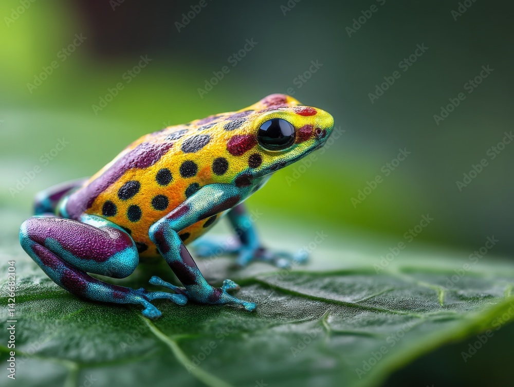 Obraz premium Vibrant poison dart frog perched on a lush green leaf, symbolizing exotic wildlife and natural beauty. Perfect for nature documentaries, conservation campaigns, and educational materials.