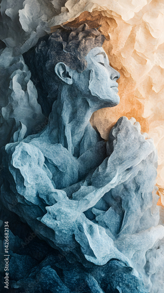 Abstract image resilience, emotional transformation with human figure transforming through layered shapes in vertical composition of pastel blue warm grey, conveying strength relaxation inner healing.