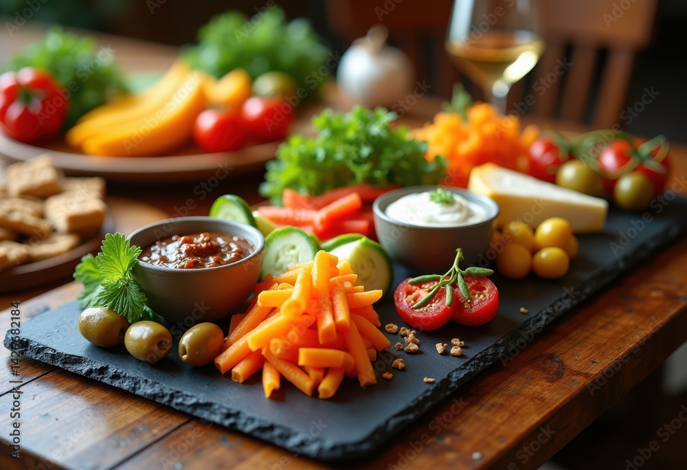 colorful assorted appetizer platter slate serving board fresh dips, vegetable, cheese, olive, snack, party, tray, tapas, hors, display, garnish