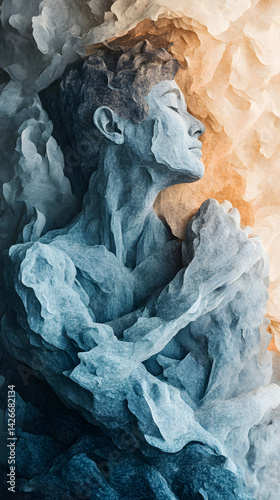 Obraz na płótnie Abstract image resilience, emotional transformation with human figure transforming through layered shapes in vertical composition of pastel blue warm grey, conveying strength relaxation inner healing. w salonie