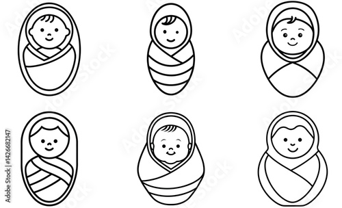 Set of Black Baby Swaddle Icons with Smiling Faces