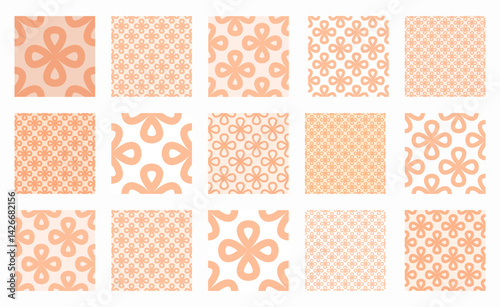 Collection of vibrant seamless linear patterns with floral shapes on a peach fuzz background. Playful designs for fashion, textiles, home decor, and print. High quality vector illustrations