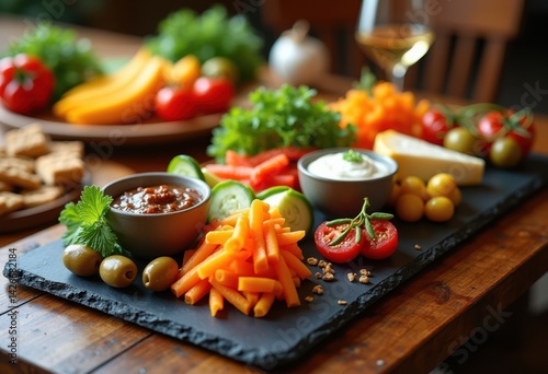 Obraz na płótnie colorful assorted appetizer platter slate serving board fresh dips, vegetable, cheese, olive, snack, party, tray, tapas, hors, display, garnish w salonie