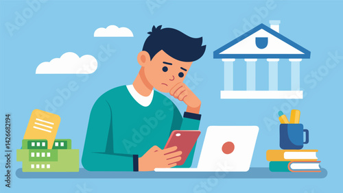 A student scrolls through their bank account balance on their phone frowning at the low numbers and contemplating taking on a parttime job in addition. Vector illustration