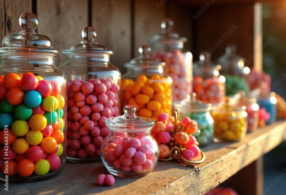 colorful assorted candy jars displayed rustic wooden shelf sweet treats vibrant sweets decorative arrangement, storage, texture, design, packaging