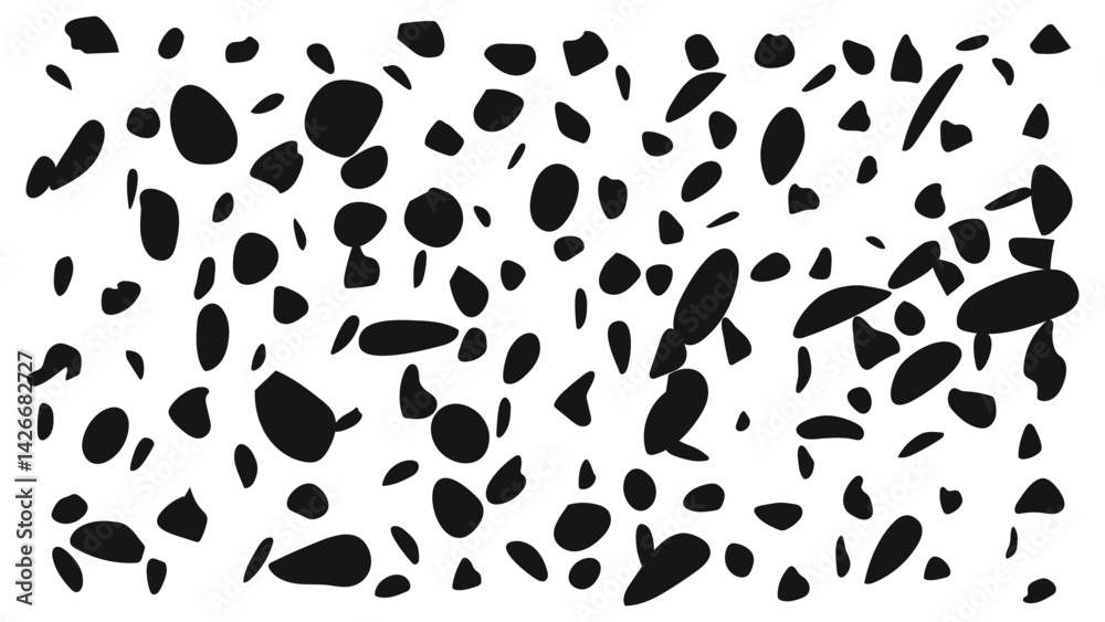 Abstract dalmatian spot pattern with black irregular shapes on white, ideal for decor and design projects. High quality seamless vector with bold, modern style. Abstract dalmatian spot pattern with black irregular shapes on white, ideal for decor and design projects. High quality seamless vector with bold, modern style.