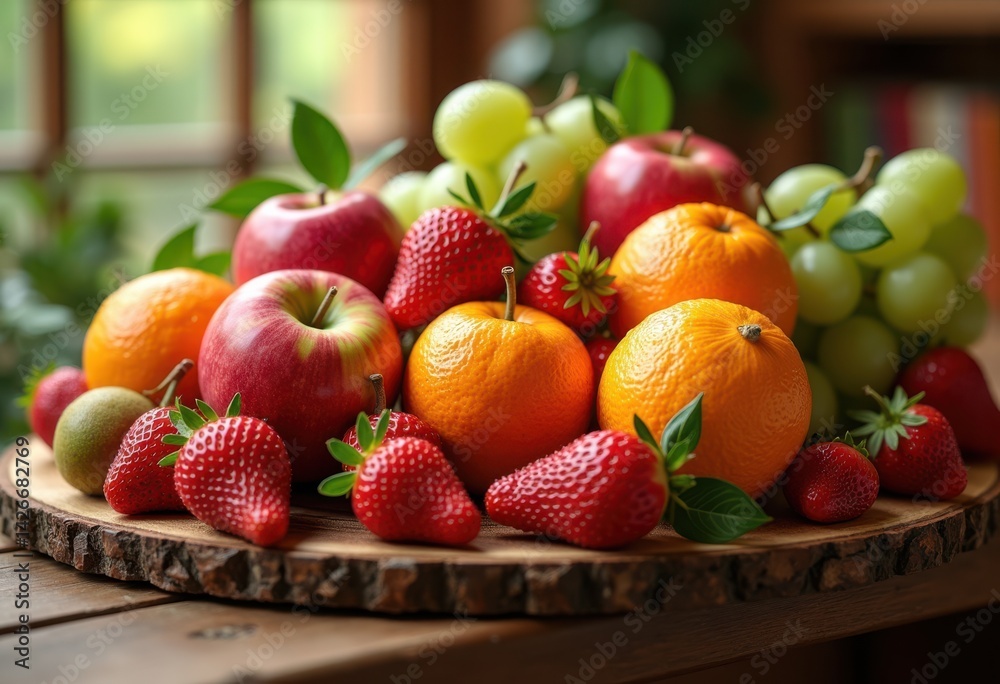 colorful assorted fresh fruits displayed rustic wooden board harvest bounty bright vibrant juicy delicious healthy nature, input, orange, banana, grape