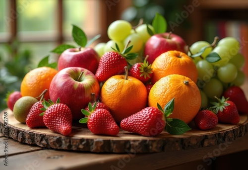 Obraz na płótnie colorful assorted fresh fruits displayed rustic wooden board harvest bounty bright vibrant juicy delicious healthy nature, input, orange, banana, grape w salonie