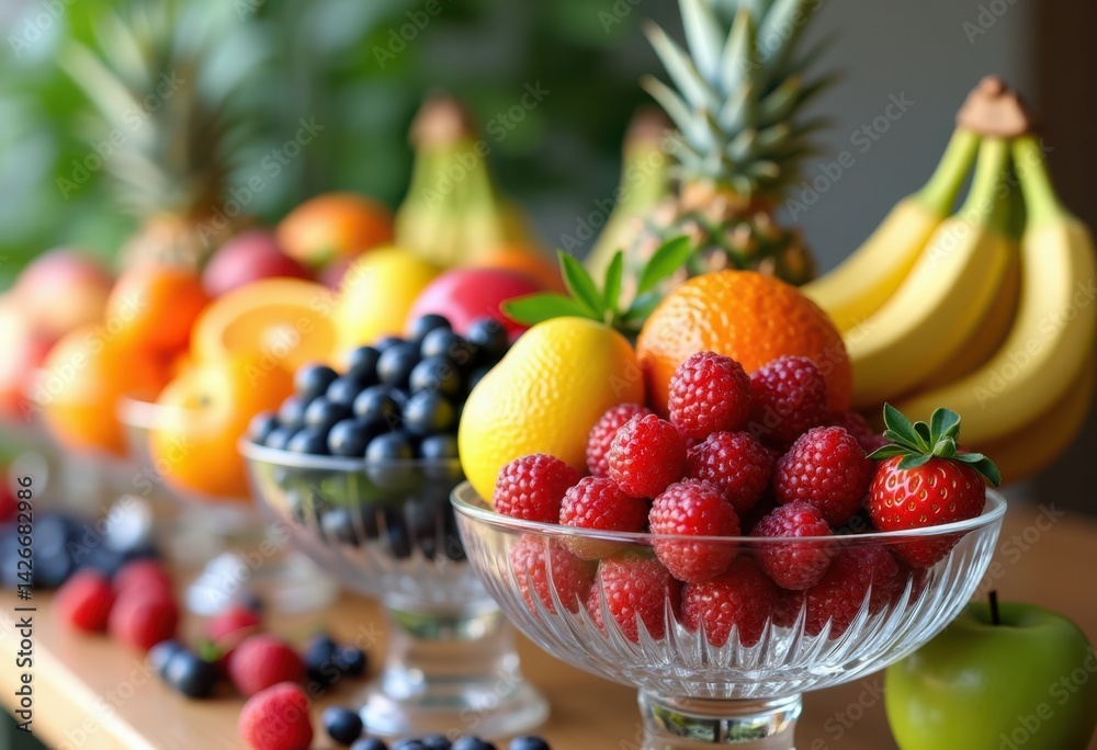 colorful assorted fruits glass bowls fresh healthy vibrant organic natural produce citrus tropical berries apples bananas grapes, berry, orange, kiwi, lemon