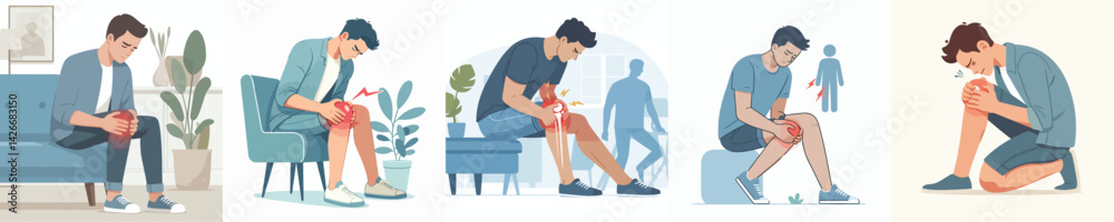 
flat design vector collection of a young man with knee pain