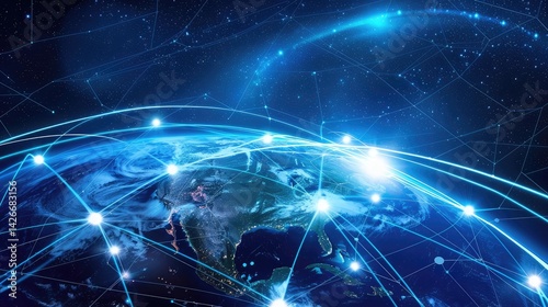 Planet Earth Glowing with Interconnected Network, Data Exchange and Global Communication  ,Global Network And Data Transmission Blockchain, Cryptocurrency, And The Future Of Technology