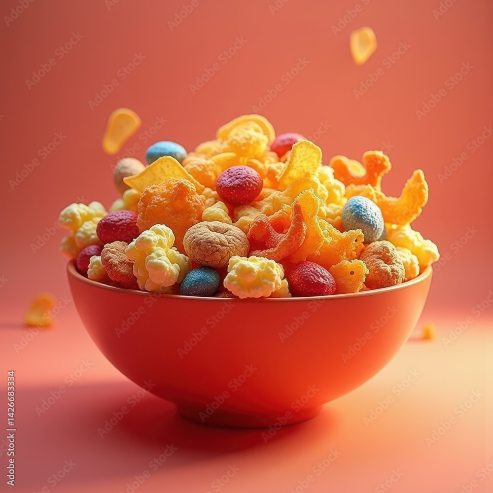 colorful assorted snacks bowl chic presentation bright variety crispy treats nuts chips candies popcorn, cookies, appetizer, texture, vibrant, party, platter