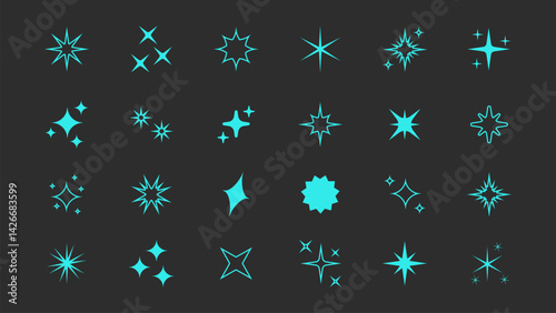 Set of outline star sparkle shapes with neon glow. Abstract shine effect vector icons in retro futuristic style. Twinkling stars, flashes, and bursts for creative design elements