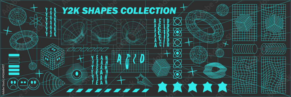 Abstract geometry hud wireframe shapes and patterns, cyberpunk elements, icon s and perspective grid s. Surreal geometric signs. Rave psychedelic futuristic Y2k acid aesthetic set. Vector illustration