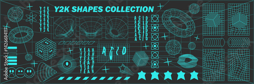 Abstract geometry hud wireframe shapes and patterns, cyberpunk elements, icon s and perspective grid s. Surreal geometric signs. Rave psychedelic futuristic Y2k acid aesthetic set. Vector illustration