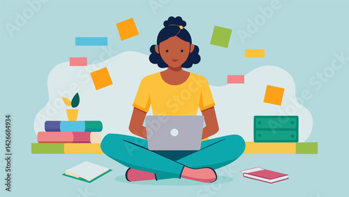A teenage student sits crossedlegged on her bed surrounded by colorful sticky notes and a highlighter as she tackles her first ever financial aid. Vector illustration