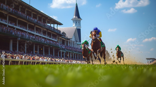 A photo of jockeys racing thoroughbred horses at Churchill Downs during a bright afternoon
