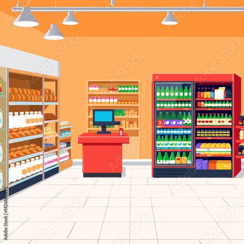A Bright and Organized Convenience Store Interior with Shelves Stocked with Groceries, Refrigerated Drinks, and a Red Checkout Counter

