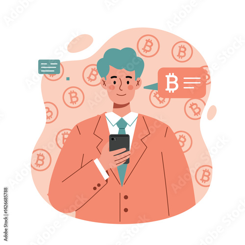 Businessman using smartphone for cryptocurrency bitcoin communication and finance concept vector illustration 