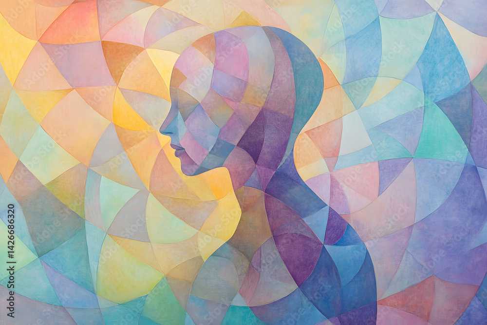 abstract human figure center of geometric symmetry it represents emotional balance analytical intelligence inner stillness through soft pastel color palette in modern design that emphasizes symbolism.