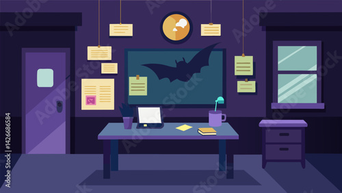 A quiet bat room with a large desk and a bulletin board for keeping track of assignments.. Vector illustration
