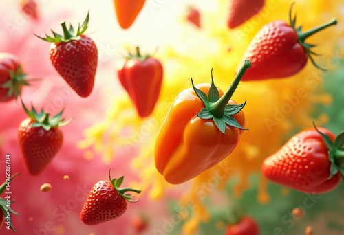 colorful floating fruits vegetables vibrant backgrounds fresh organic produce visual display, texture, green, yellow, red, orange, purple, tomato