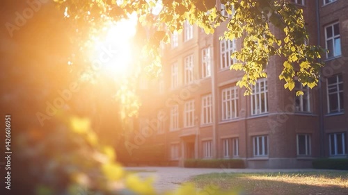 Sunlight filtering through trees near a historic building at sunset