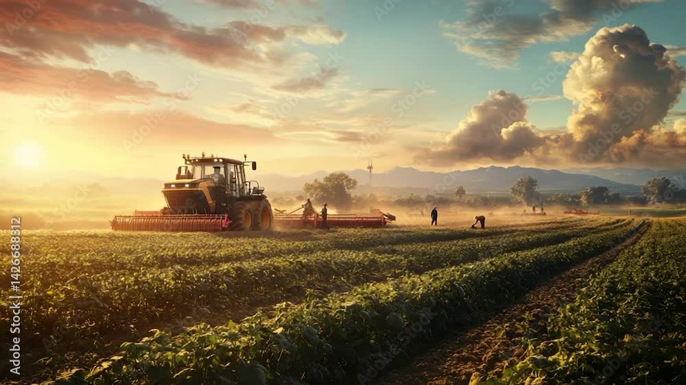Sunset over a lush farm field with a tractor harvesting crops and workers Sunset over a lush farm field with a tractor harvesting crops and workers