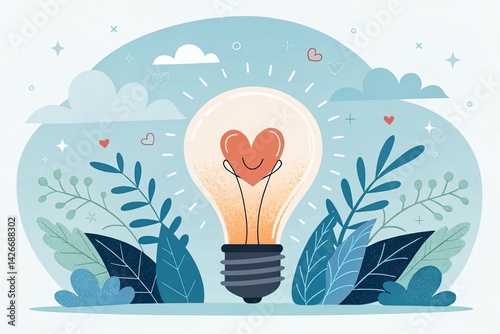 A glowing light bulb with a heart inside, symbolizing enlightenment and self-love, surrounded by calming shapes and gradients.	
