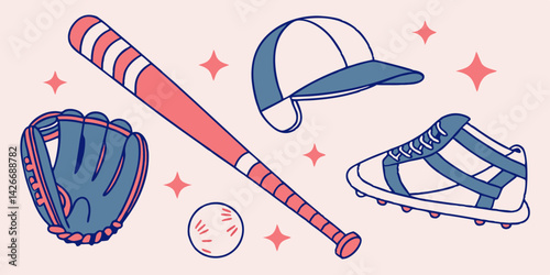 Baseball equipment graphic design featuring bat, glove ca,p and cleats, perfect for sports branding	