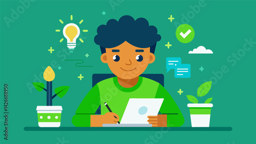 A passionate young blogger creating engaging content on green living from DIY projects to using renewable energy sources.. Vector illustration