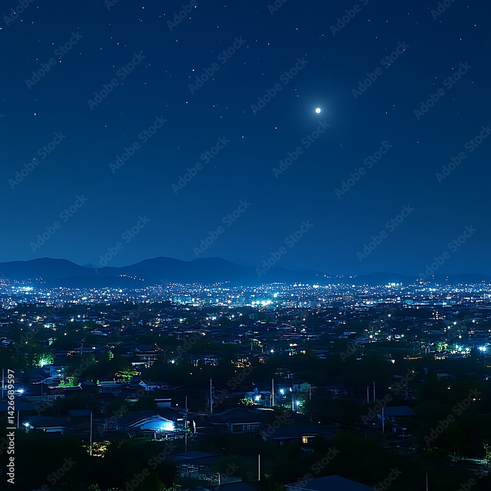 Fototapeta premium City Lights at Night with Stars and Moon