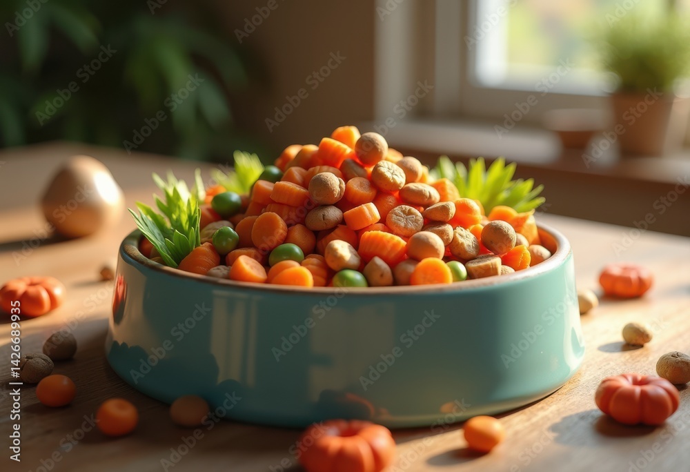 colorful high quality kibble ingredients pet bowl fresh dog food healthy nutrition gourmet meal, input, premium, natural, protein, vegetables, meat, fish
