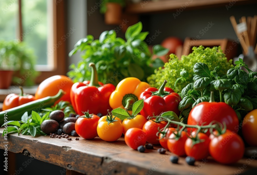 colorful ingredients arrangement fresh produce vegetables fruits herbs spices wooden table culinary preparation, nature, cooking, kitchen, seasoning, aroma