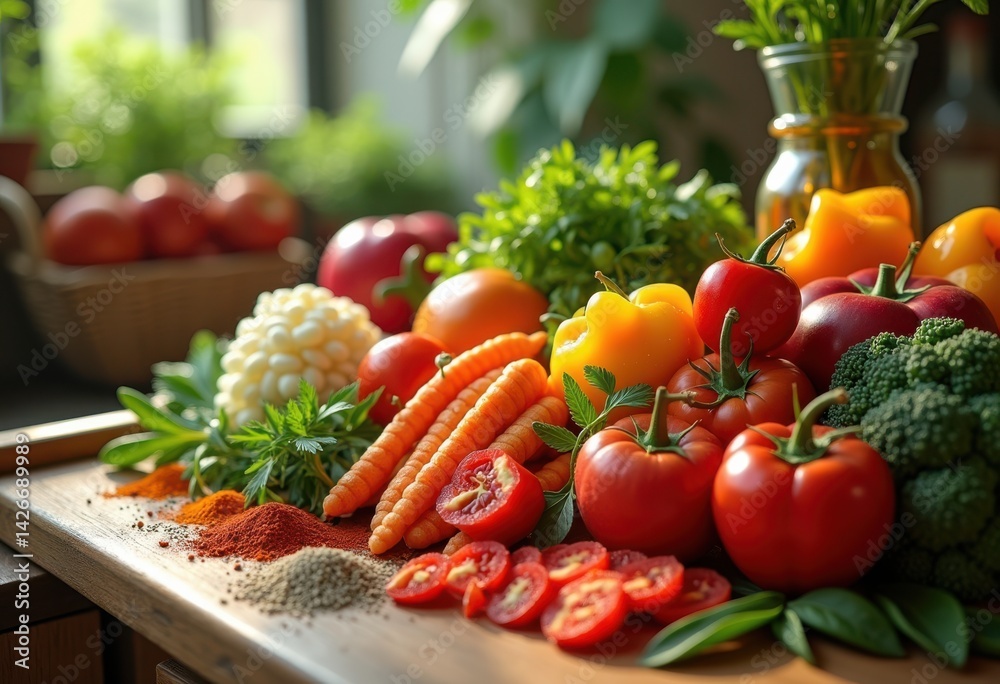 colorful ingredients culinary spread chopping board fresh vegetables fruits herbs spices textures vibrant kitchen scene, knife, chopped, seasoning, meal, prep