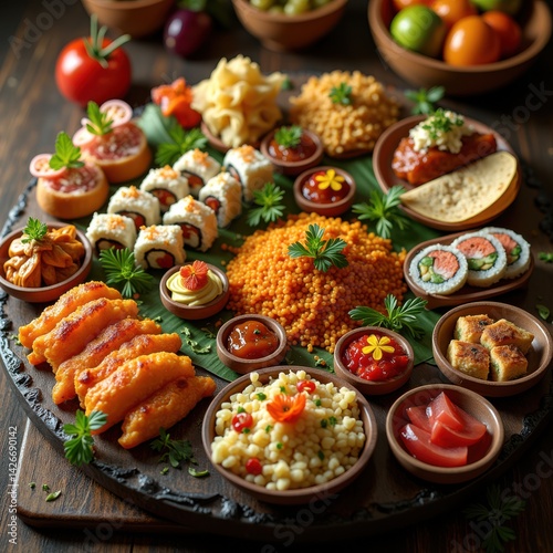 Obraz na płótnie colorful international cuisine platter feast varied dishes flavors deliciously displayed, variety, food, vibrant, salad, sushi, tapas, pasta, dessert w salonie