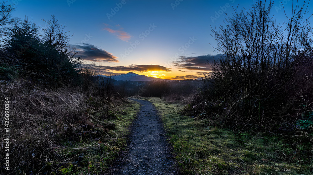 Obraz premium Sunrise Pathway Through Lush Forest