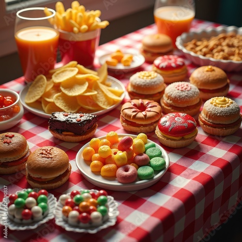 colorful junk food spread delicious treats fast food snacks chewy sweets crispy chips cake candy checkered tablecloth, input, dessert, platter, crisps