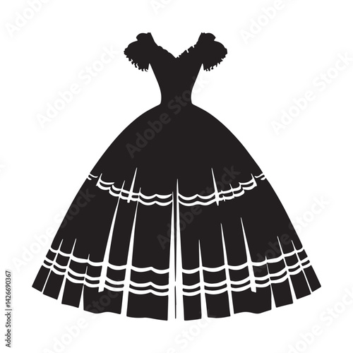 Elegant Victorian Crinoline Dress silhouette, grandeur of a bygone era – Victorian Crinoline Dress illustration – Minimalist Victorian Crinoline Dress vector – Ladies dress silhouette

