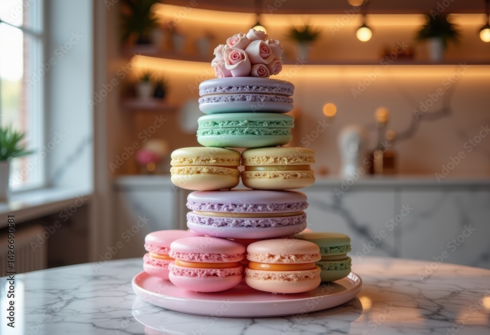 colorful macaron tower exquisite pastry display delicate treats gourmet dessert art sweet treats, pink, cream, yellow, blue, purple, green, fruity, crispy
