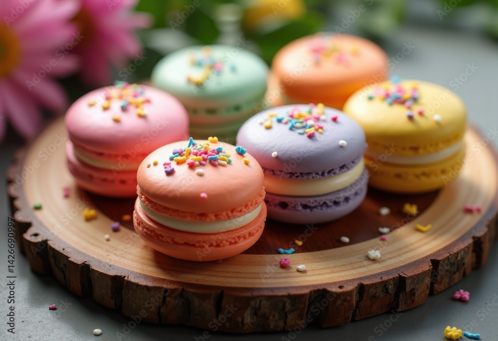 colorful macarons wooden platter sweet treats delicate pastry gourmet dessert decorated sprinkles, cream, decoration, food, party, edible, round, assorted