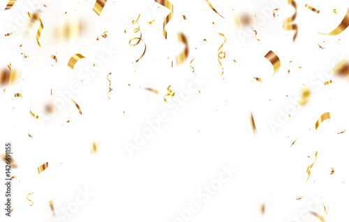 Falling shiny golden confetti isolated on transparent background. Anniversary or birthday design template. Shiny carnival decoration