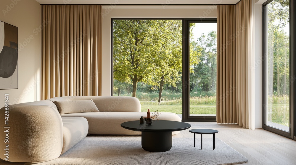 Obraz premium Sand colored sofa, wine curtain, light floor, black round table, compact room, full window to quiet tree lined street