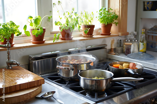 Wallpaper Mural Sunny Day Cooking Scene with Steaming Pots, Fresh Herbs, and Natural Light Filling a Bright, Inviting Kitchen Full of Warm Energy Torontodigital.ca